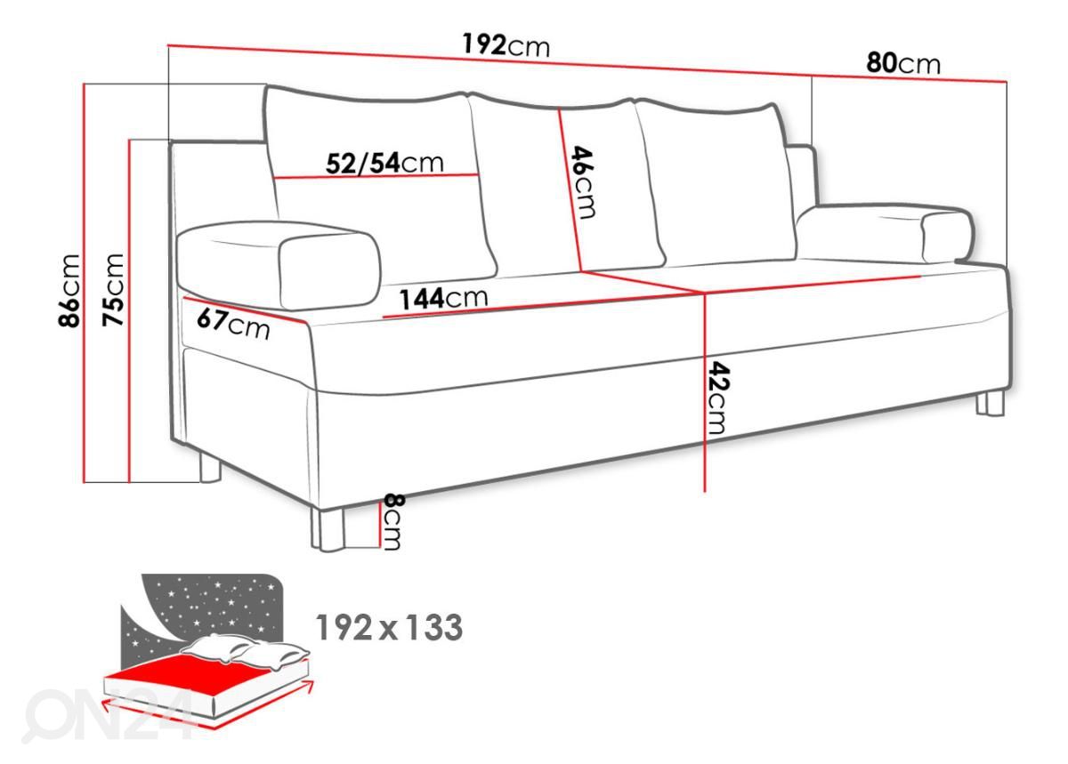Pesukastiga diivanvoodi suurendatud mõõdud