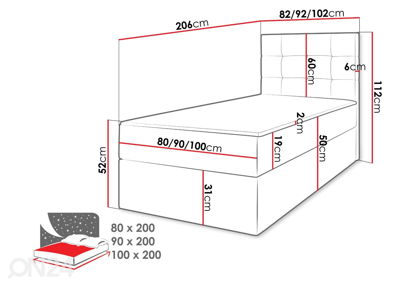 Pesukastiga kontinentaalvoodi 100x200 cm suurendatud mõõdud