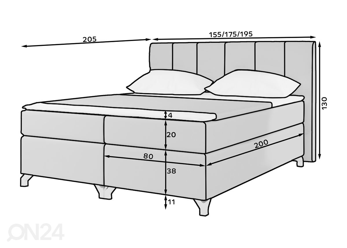 Pesukastiga kontinentaalvoodi Barbara 160x200 cm suurendatud mõõdud