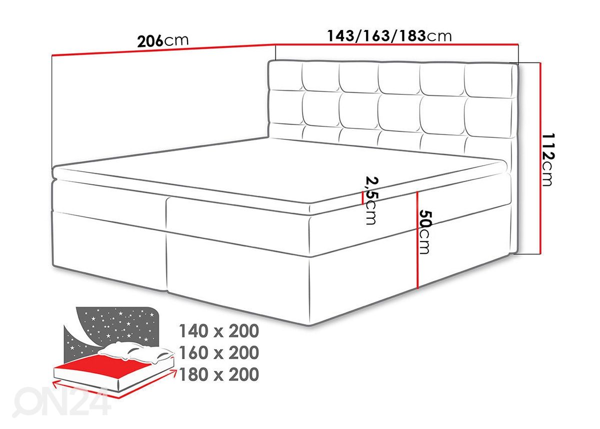 Pesukastiga kontinentaalvoodi Luanda 140x200 cm suurendatud mõõdud