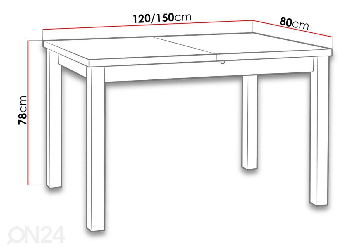 Pikendatav söögilaud 120-150x80 cm suurendatud mõõdud