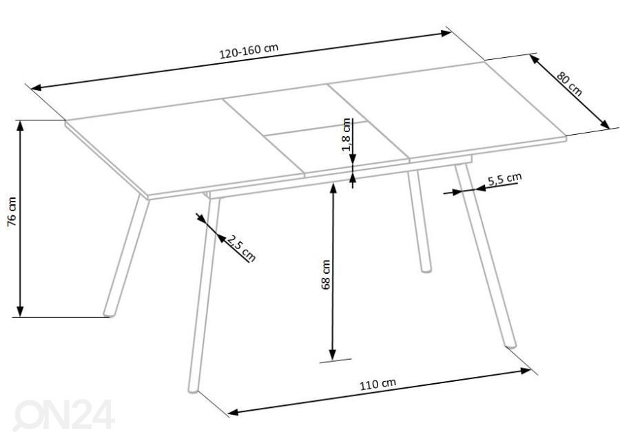 Pikendatav söögilaud 120/160x80 cm suurendatud mõõdud