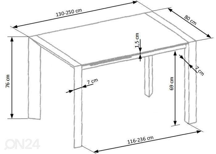 Pikendatav söögilaud 130/250x80 cm suurendatud mõõdud