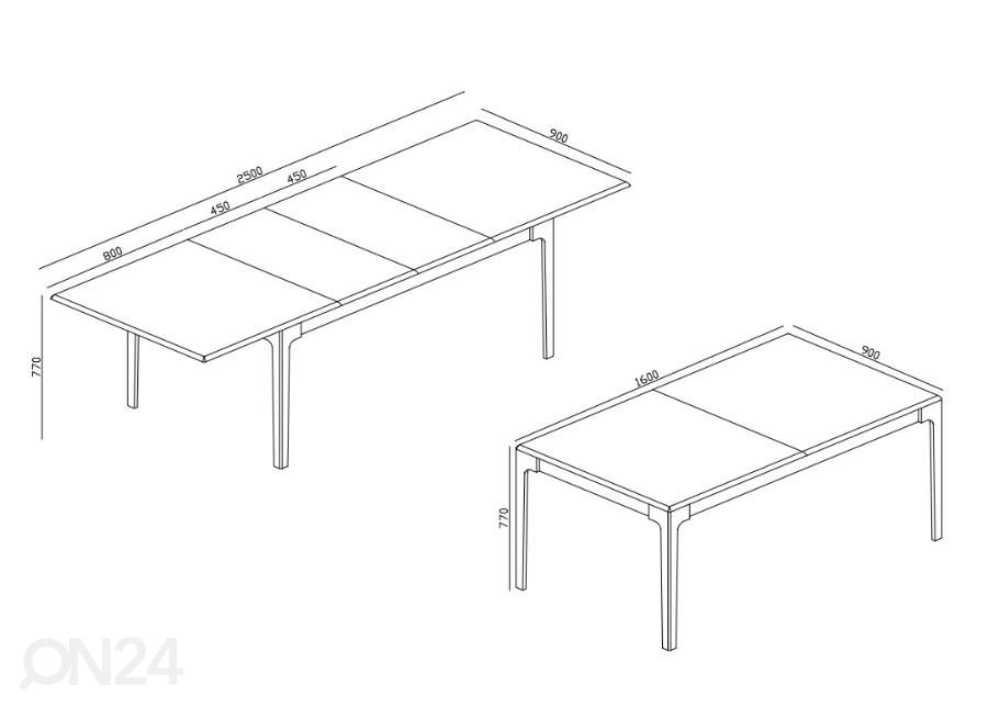 Pikendatav söögilaud 160-205-250x90 cm suurendatud mõõdud