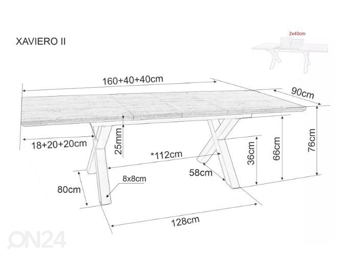 Pikendatav söögilaud 160/240x90 cm suurendatud mõõdud