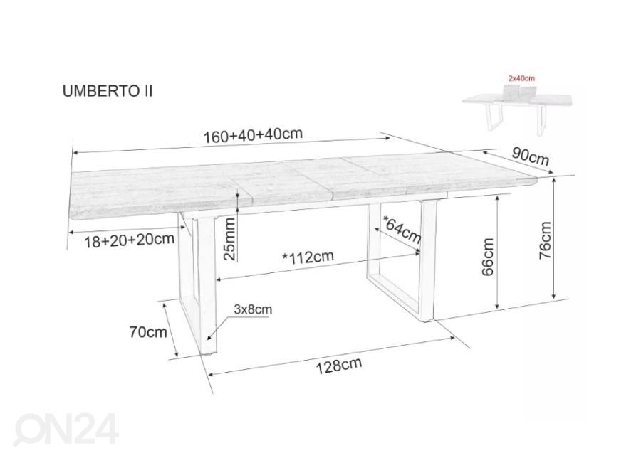 Pikendatav söögilaud 160/240x90 cm suurendatud mõõdud