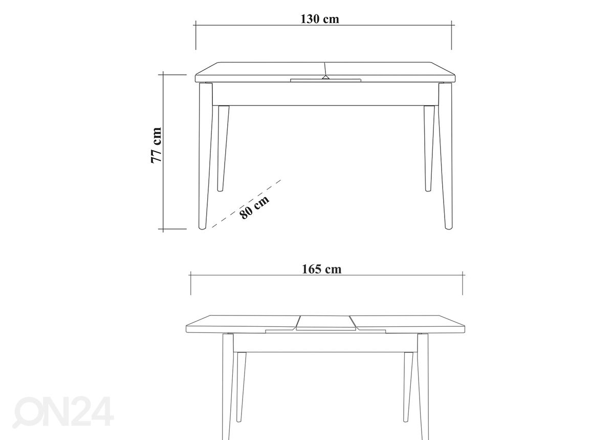 Pikendatav söögilaud 80x130-165 cm + 2 tooli+pink suurendatud mõõdud