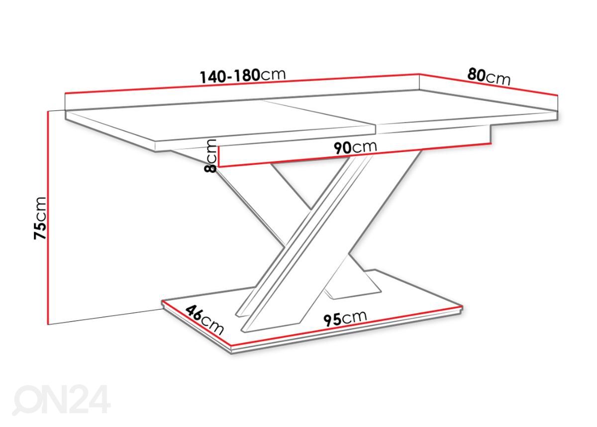 Pikendatav söögilaud 80x140-180 cm suurendatud mõõdud