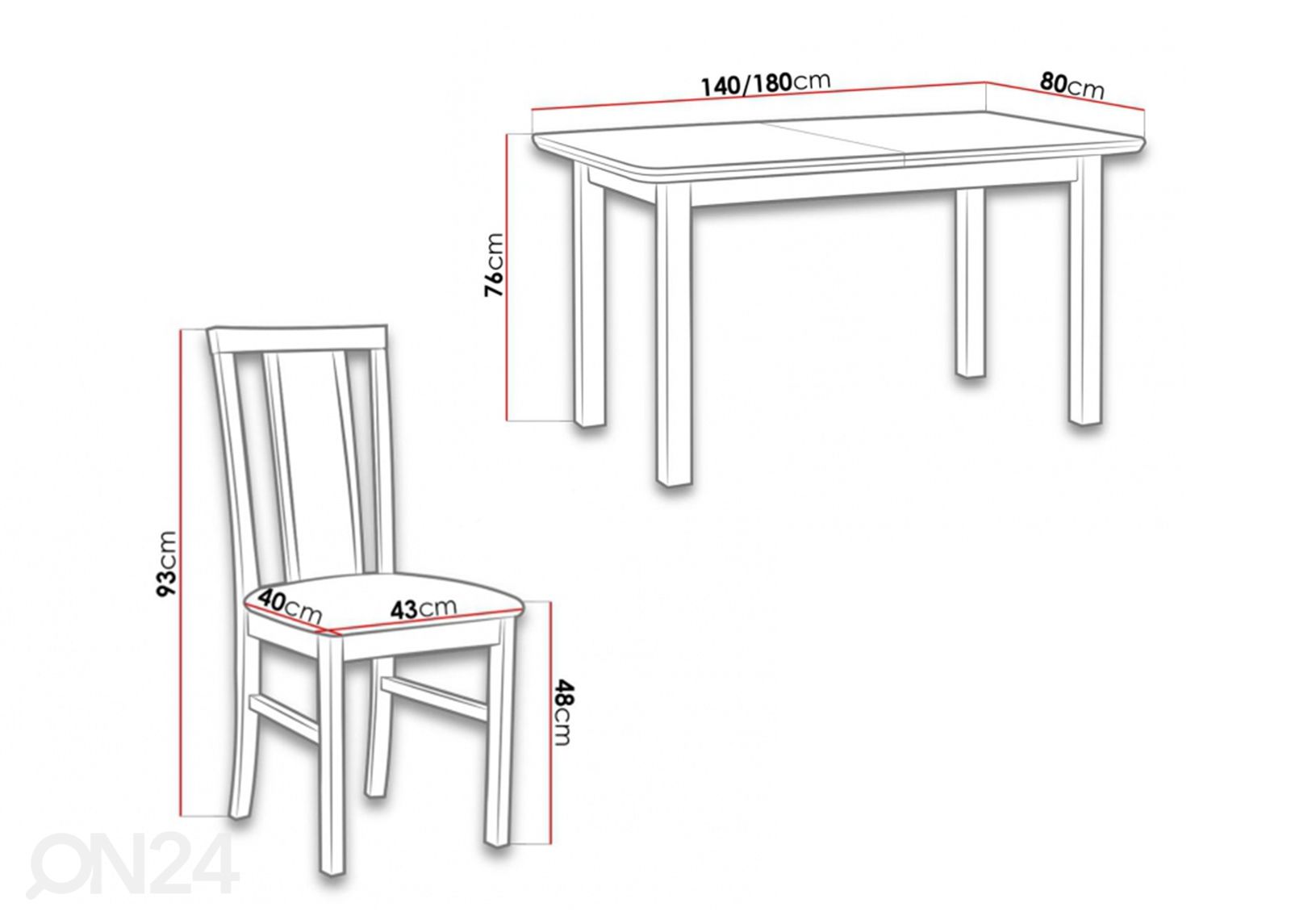 Pikendatav söögilaud 80x140-180 cm + 6 tooli suurendatud mõõdud