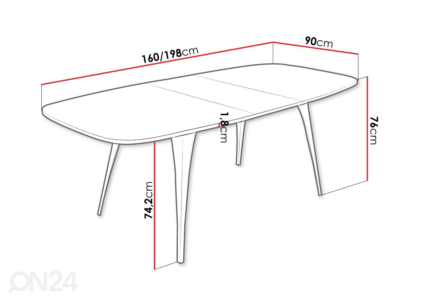 Pikendatav söögilaud Artur 90x160-198 cm suurendatud mõõdud