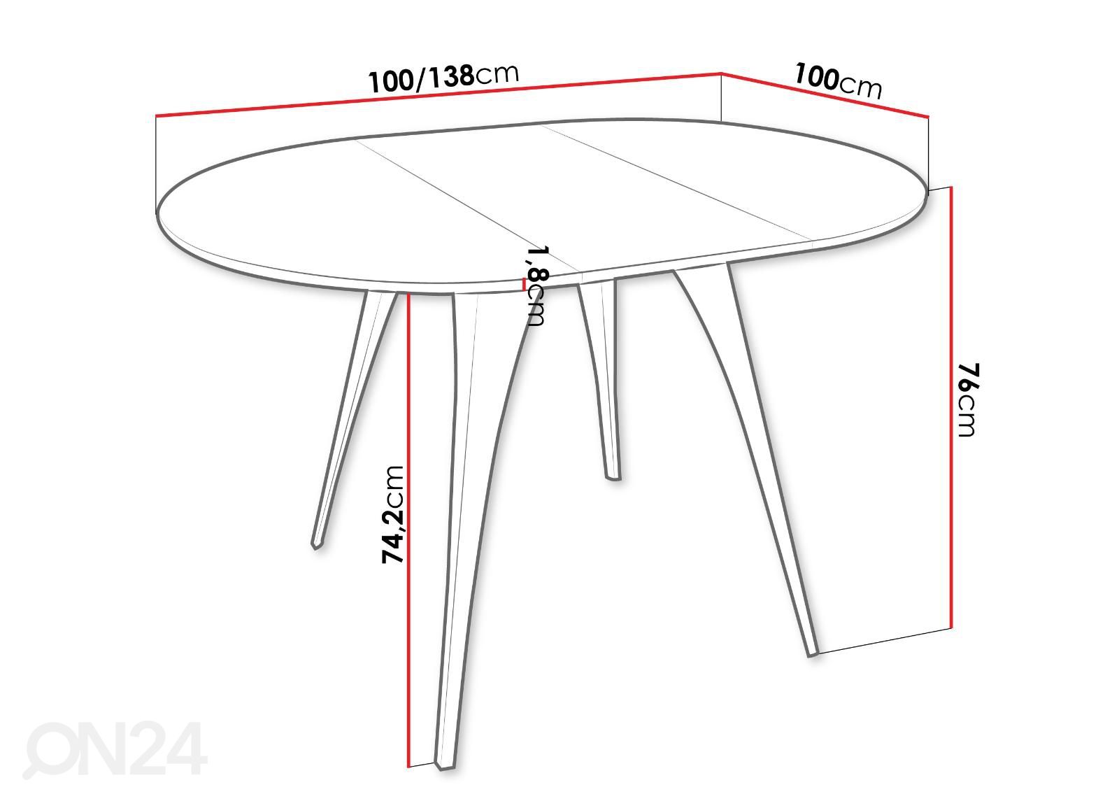 Pikendatav söögilaud Carmen 100x100-138 cm suurendatud mõõdud