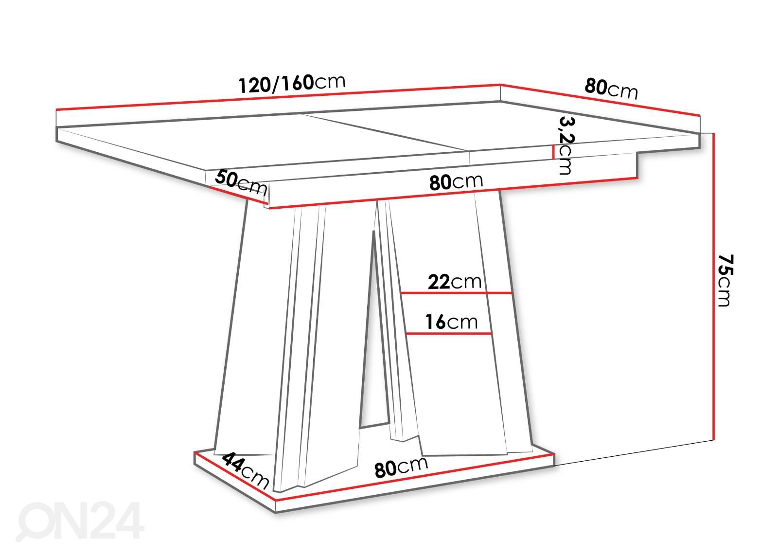 Pikendatav söögilaud Doha 80x120/160 cm suurendatud mõõdud