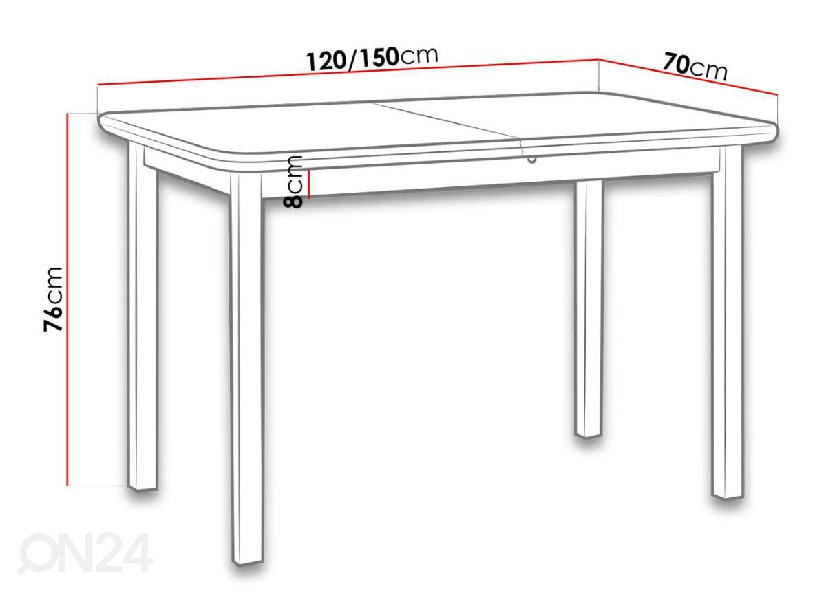 Pikendatav söögilaud Leena 120-150x70 cm suurendatud mõõdud