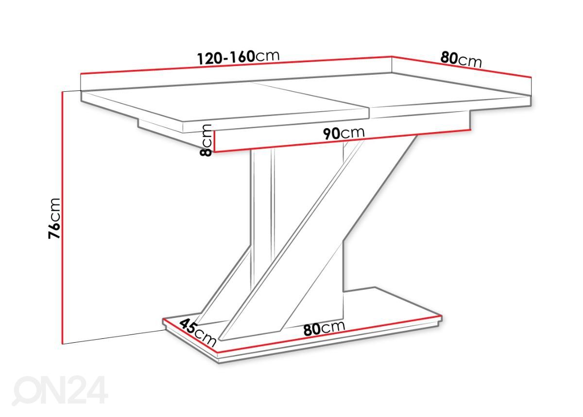 Pikendatav söögilaud Megan 80x120-160 cm suurendatud mõõdud