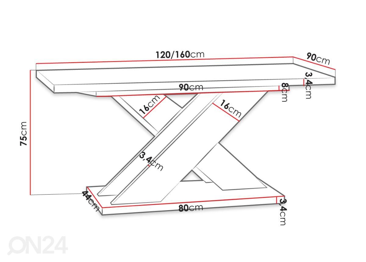 Pikendatav söögilaud Xao 90x120/160 cm cm suurendatud mõõdud