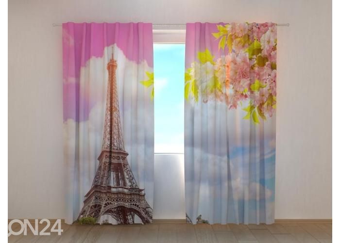 Poolpimendav fotokardin Blossoming Spring Cherry and Eiffel Tower 240x220 cm suurendatud