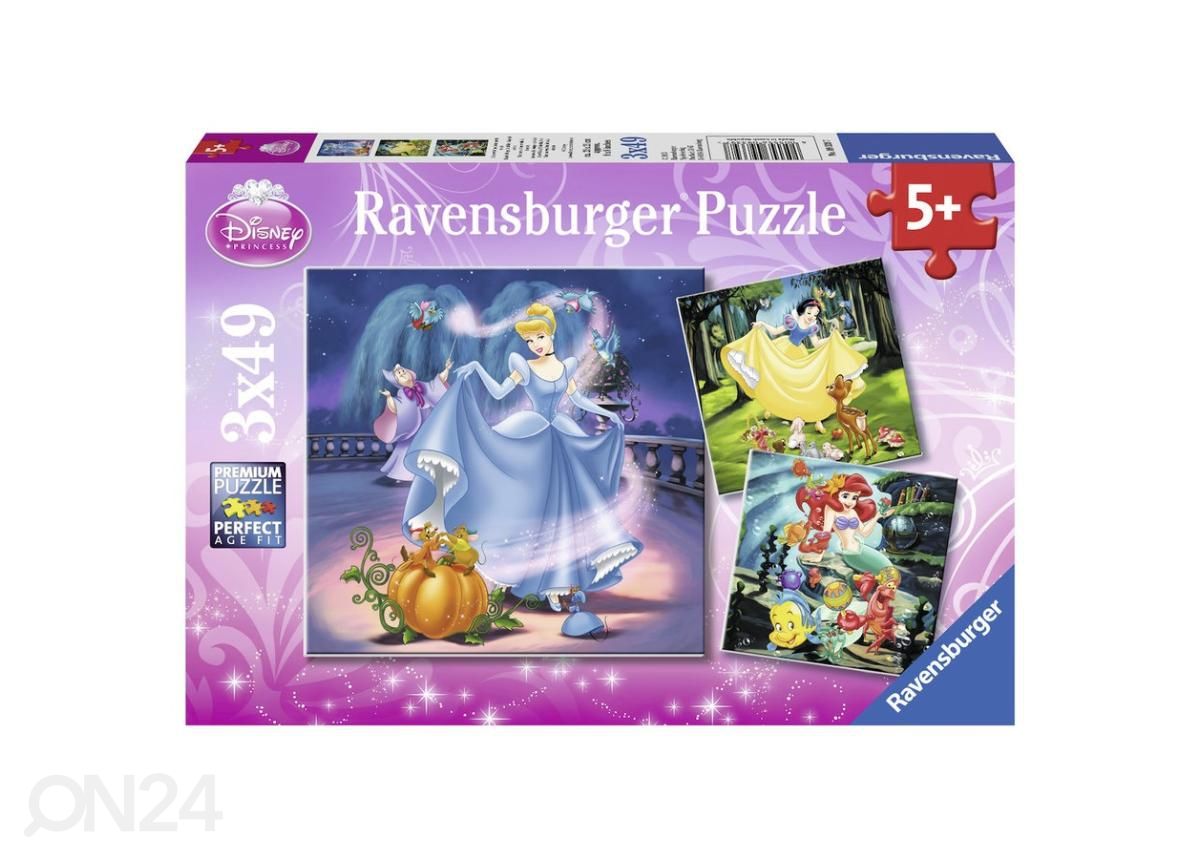 Ravensburger pusle 3x49 tk Lumivalgeke, Tuhkatriinu ja Ariel suurendatud