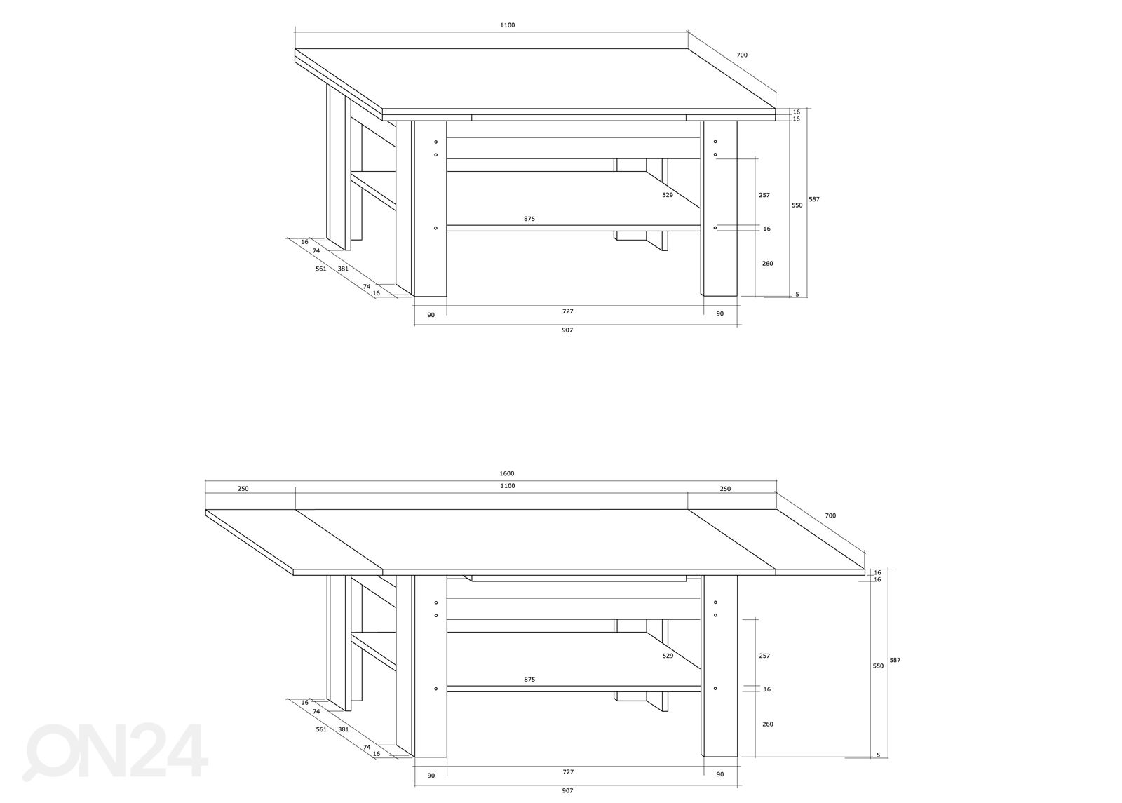 Reguleeritav diivanilaud 110/160x70 cm suurendatud mõõdud