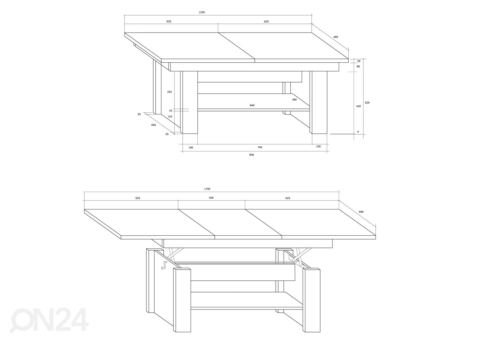 Reguleeritav diivanilaud 125/170x68 cm suurendatud mõõdud