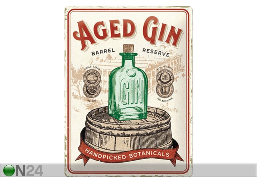 Retro metallposter Aged Gin Barrel 30x40 cm suurendatud