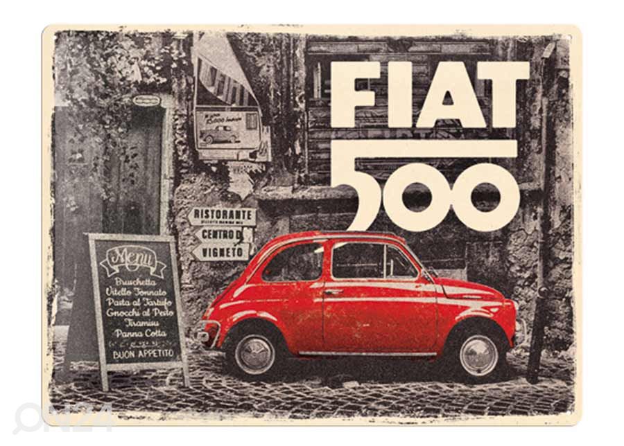 Retro metallposterFiat 500 - Red Car In The Street 30x40 cm suurendatud