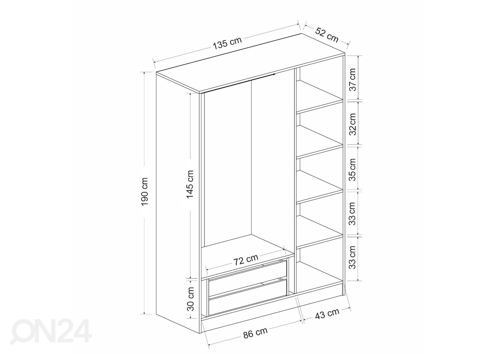 Riidekapp Glass 135 cm suurendatud mõõdud