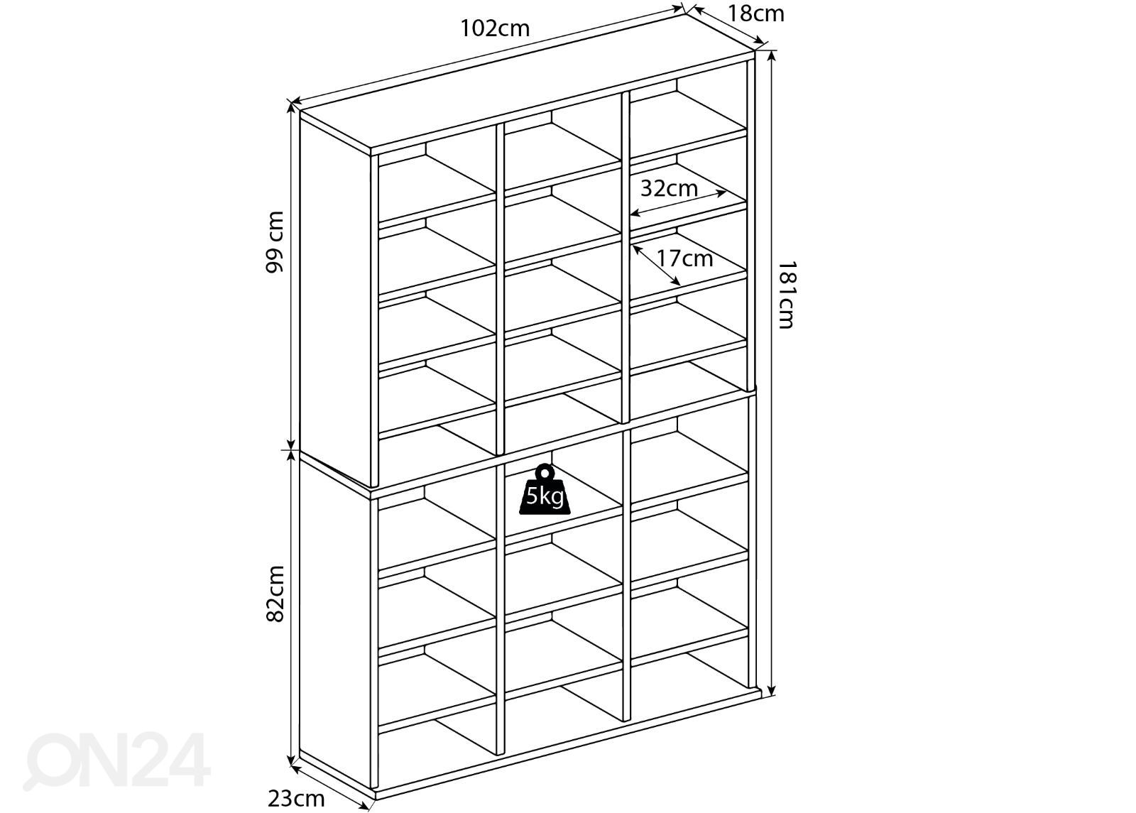 Riiul Megosa XL 102 cm suurendatud mõõdud