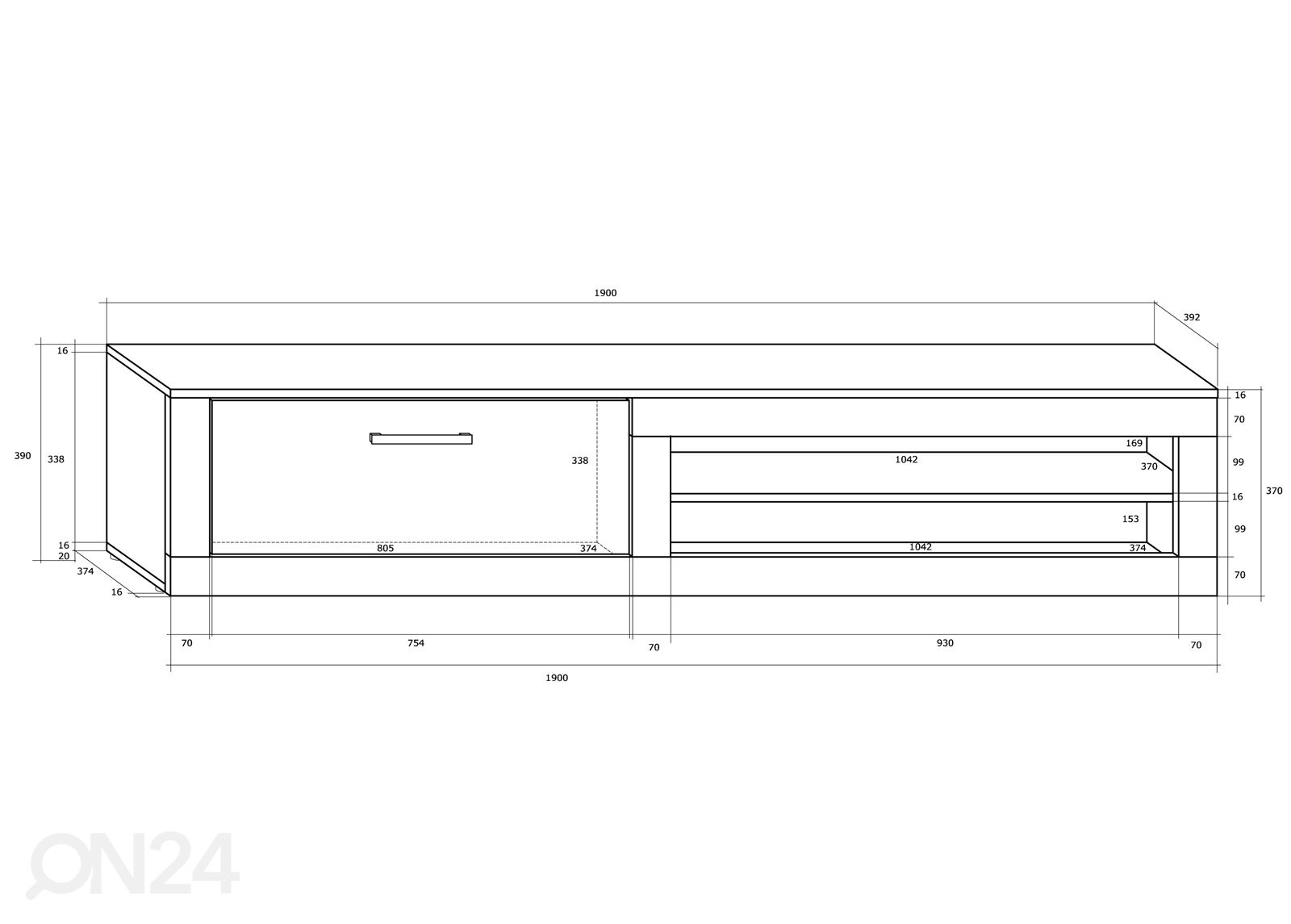 TV-alus Bally 190 cm suurendatud mõõdud