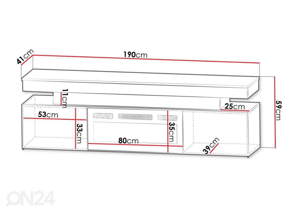 TV-alus Glossa 190 cm + kamin + LED suurendatud mõõdud