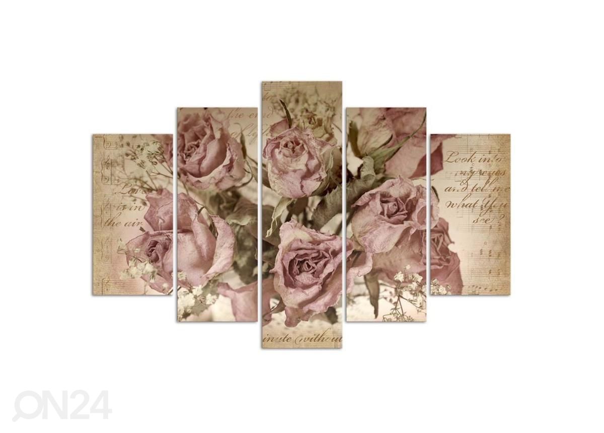 Viieosaline seinapilt Roses and sheet music 100x70 cm suurendatud