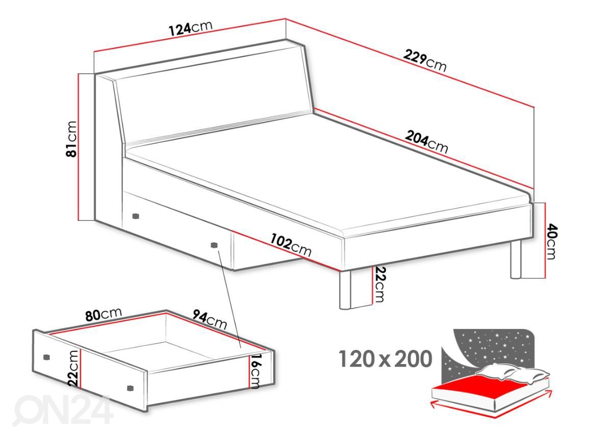 Voodi 120x200 cm + voodikast suurendatud mõõdud