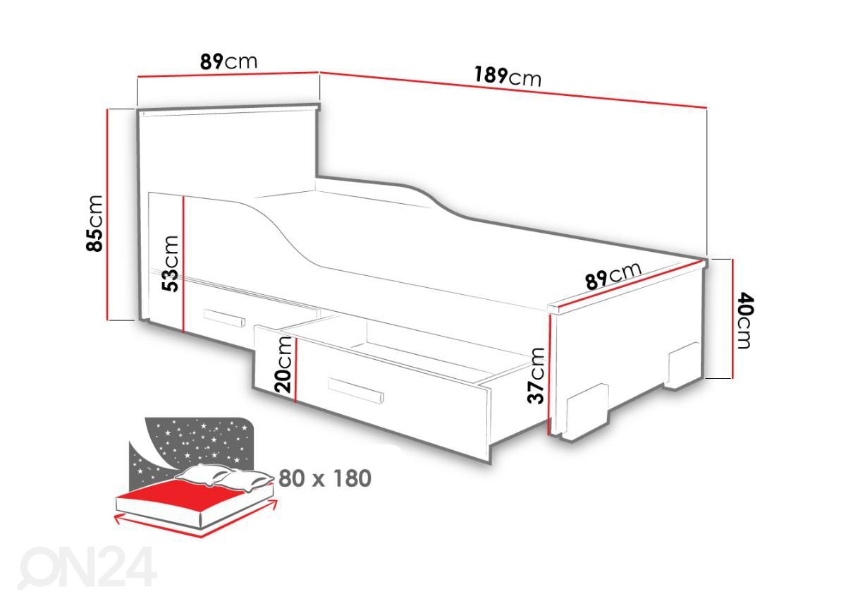 Voodi 80x180 cm + voodikastid suurendatud mõõdud