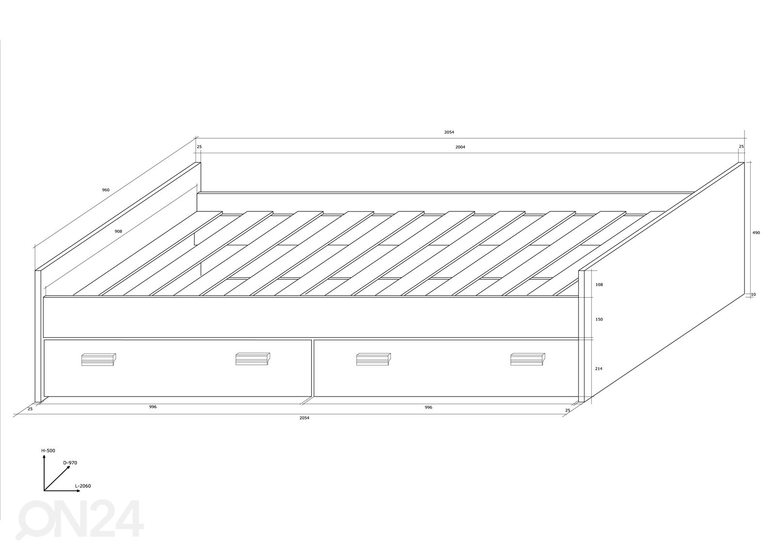 Voodi 90x200 cm suurendatud mõõdud