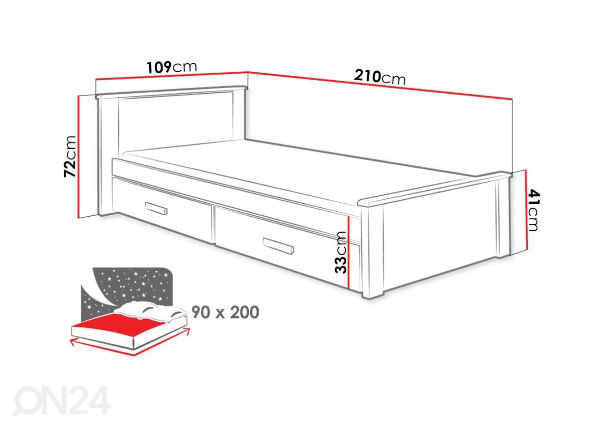 Voodi 90x200 cm suurendatud mõõdud