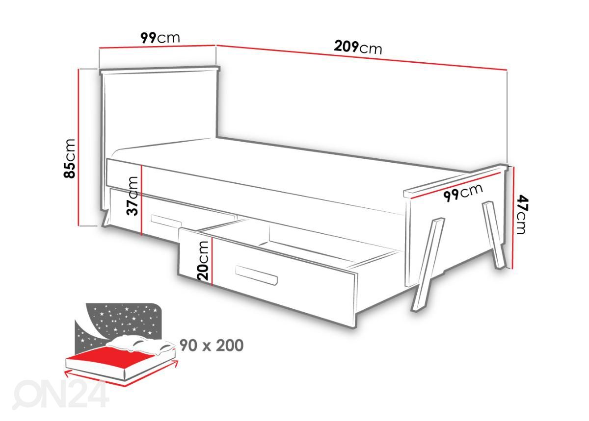 Voodi 90x200 cm + voodikastid suurendatud mõõdud