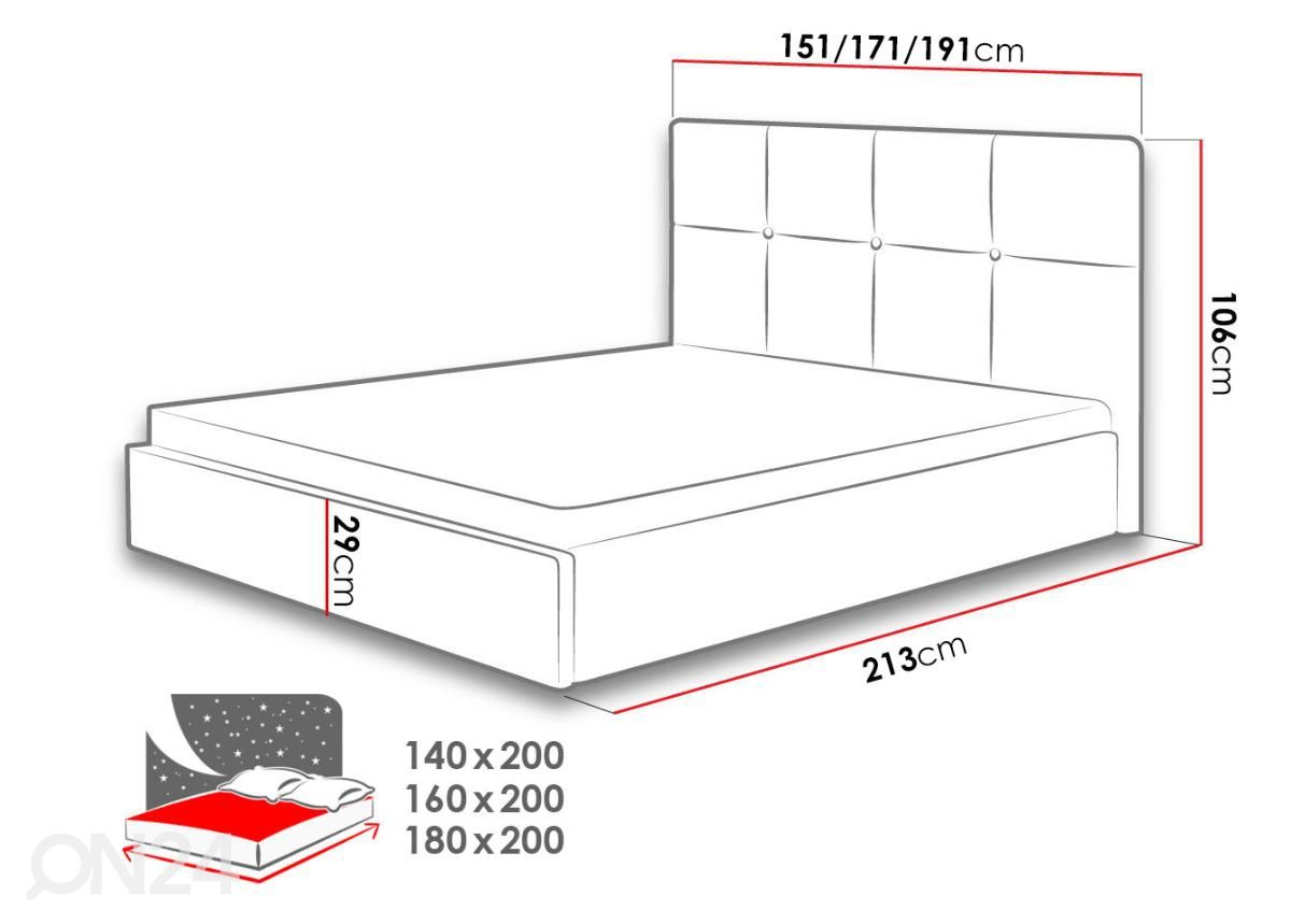 Voodi pesukastiga Laila 160x200 cm suurendatud mõõdud