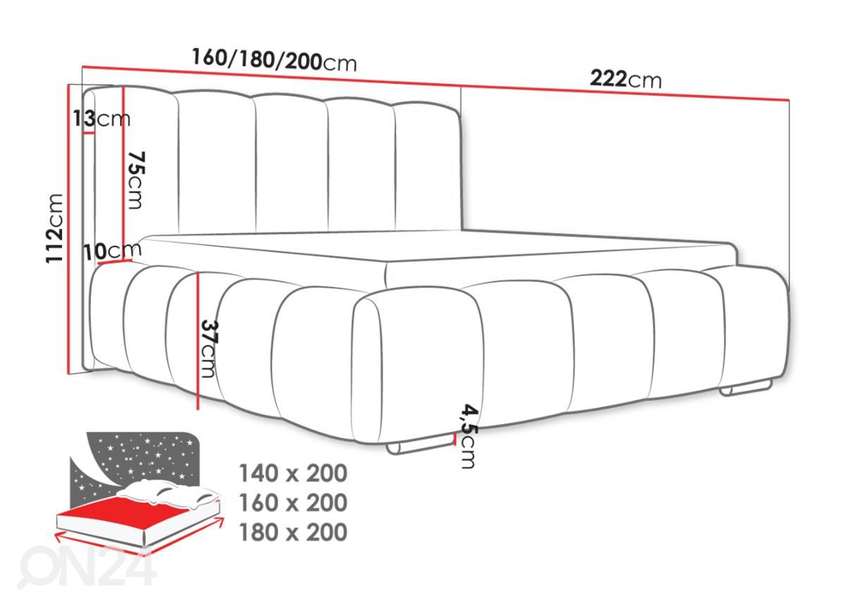 Voodi pesukastiga Wizko 180x200 cm suurendatud mõõdud