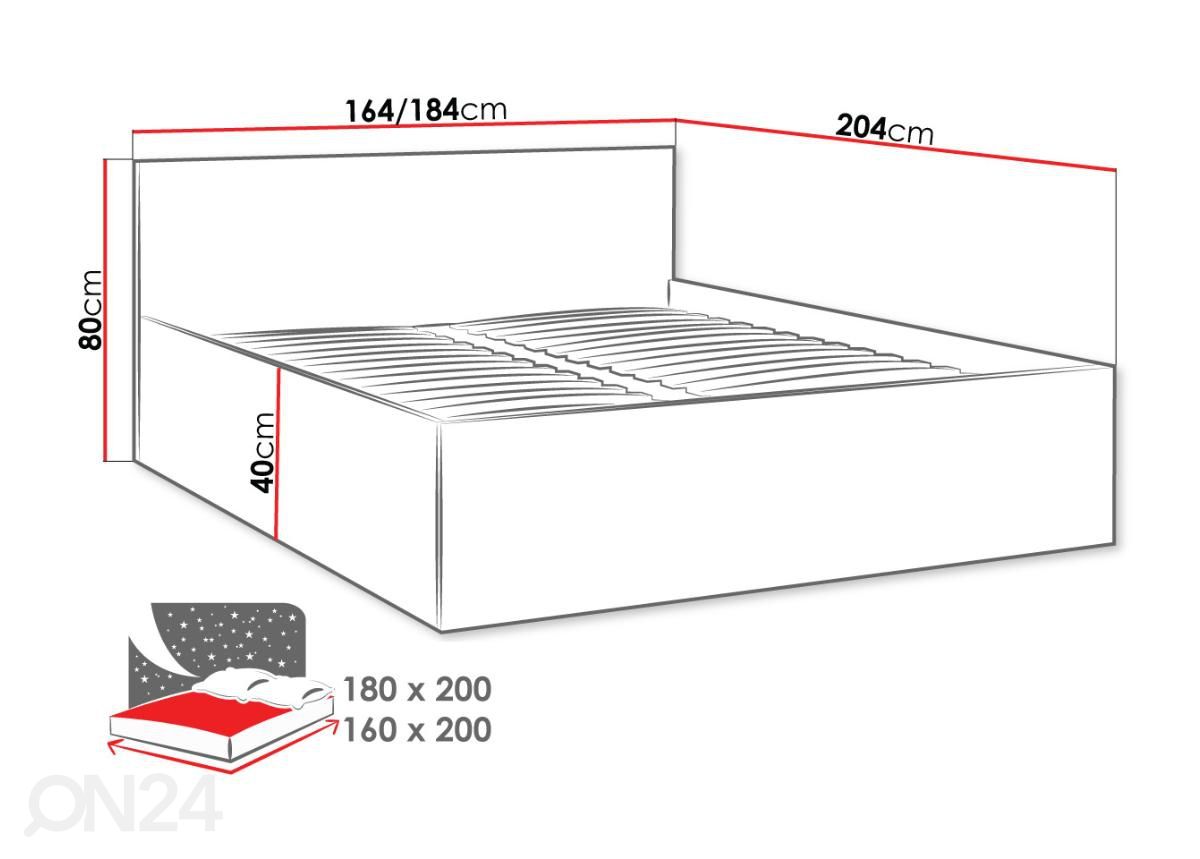 Voodi Tokyo 180x200 cm suurendatud mõõdud