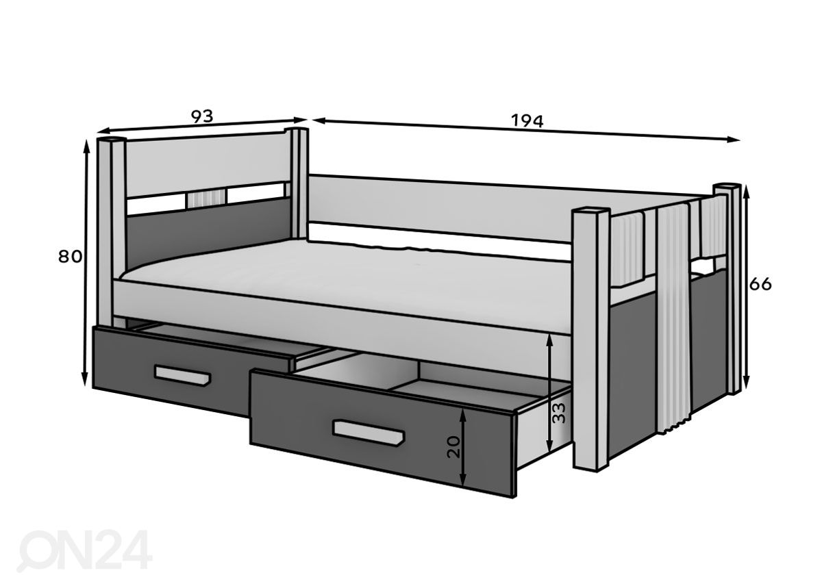 Voodi Topeka 80x180 cm suurendatud mõõdud