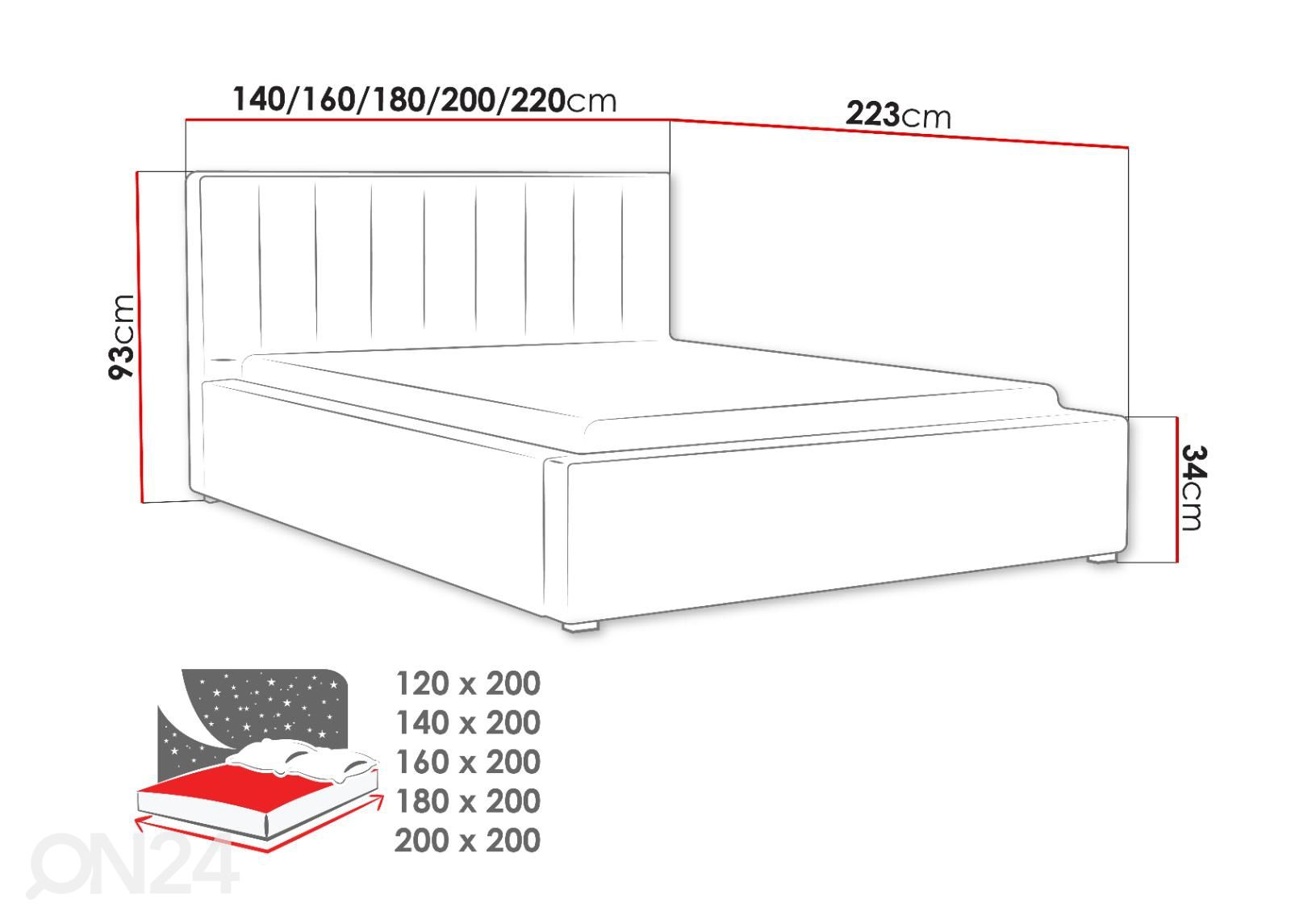 Voodi ülestõstetava voodipõhjaga 120x200 cm suurendatud mõõdud