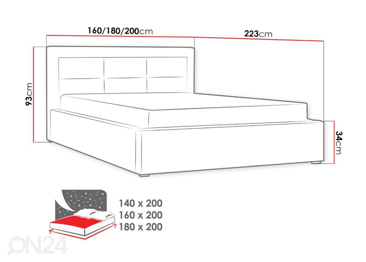 Voodi ülestõstetava voodipõhjaga 140x200 cm suurendatud mõõdud