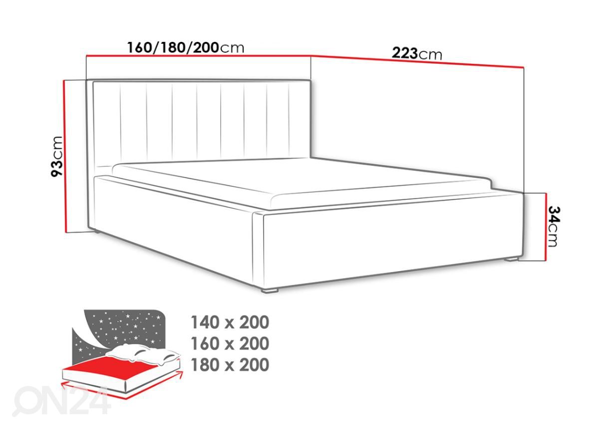 Voodi ülestõstetava voodipõhjaga 140x200 cm suurendatud mõõdud