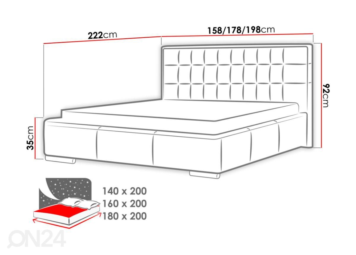 Voodi ülestõstetava voodipõhjaga 140x200 cm suurendatud mõõdud