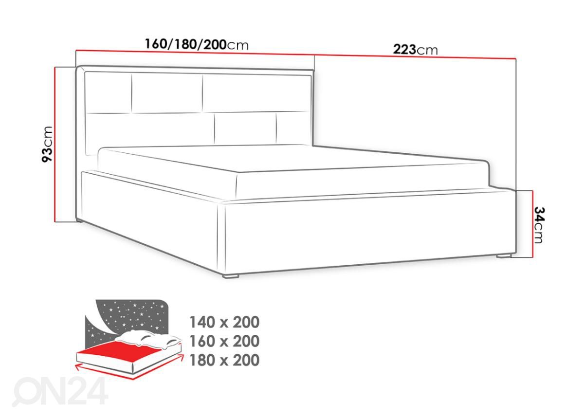 Voodi ülestõstetava voodipõhjaga 140x200 cm suurendatud mõõdud