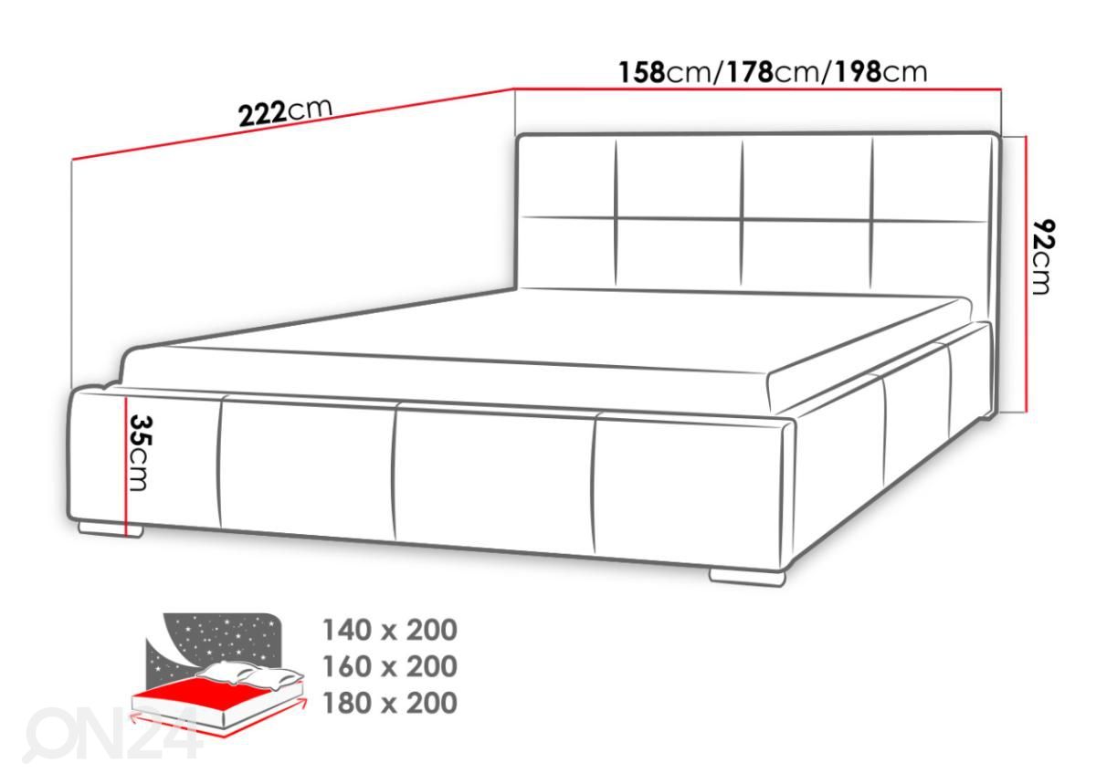 Voodi ülestõstetava voodipõhjaga 140x200 cm suurendatud mõõdud