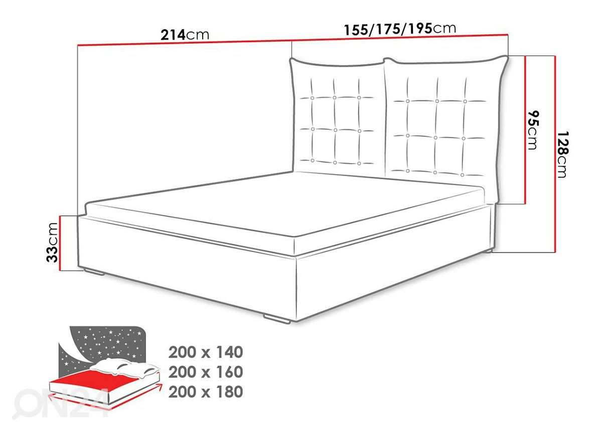 Voodi ülestõstetava voodipõhjaga 160x200 cm suurendatud mõõdud