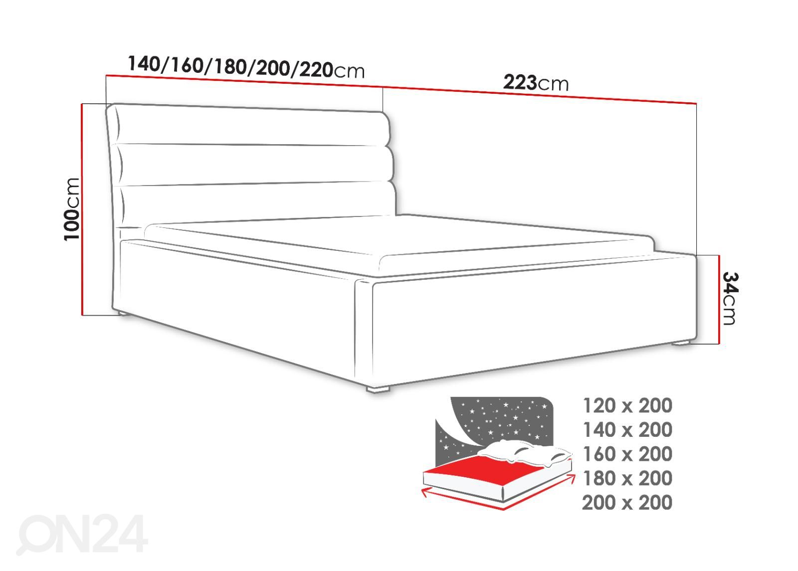 Voodi ülestõstetava voodipõhjaga Cordoba 120x200 cm suurendatud mõõdud
