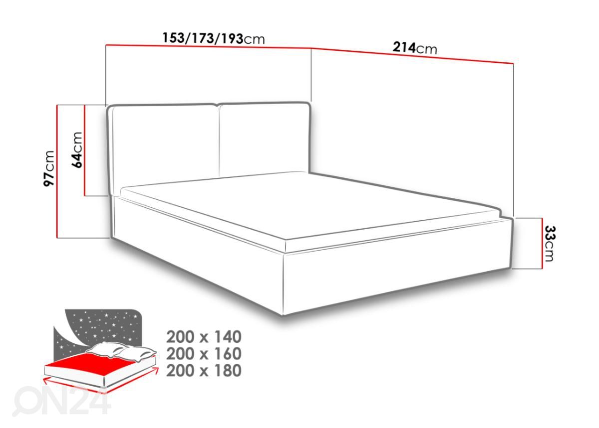 Voodi ülestõstetava voodipõhjaga Granada 140x200 cm suurendatud mõõdud