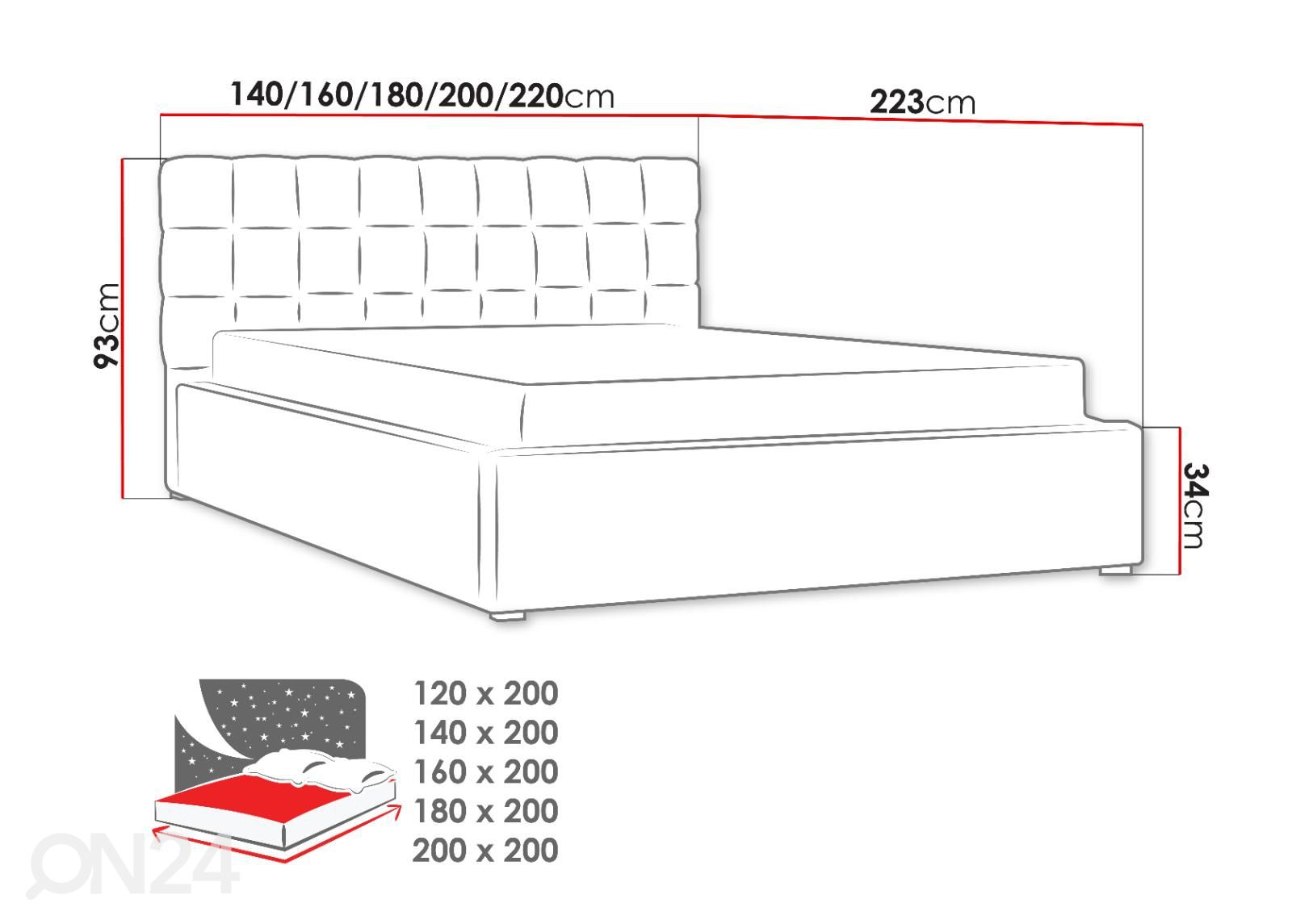 Voodi ülestõstetava voodipõhjaga Malaga 120x200 cm suurendatud mõõdud