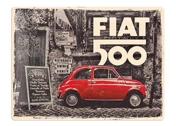 Retro metallposterFiat 500 - Red Car In The Street 30x40 cm